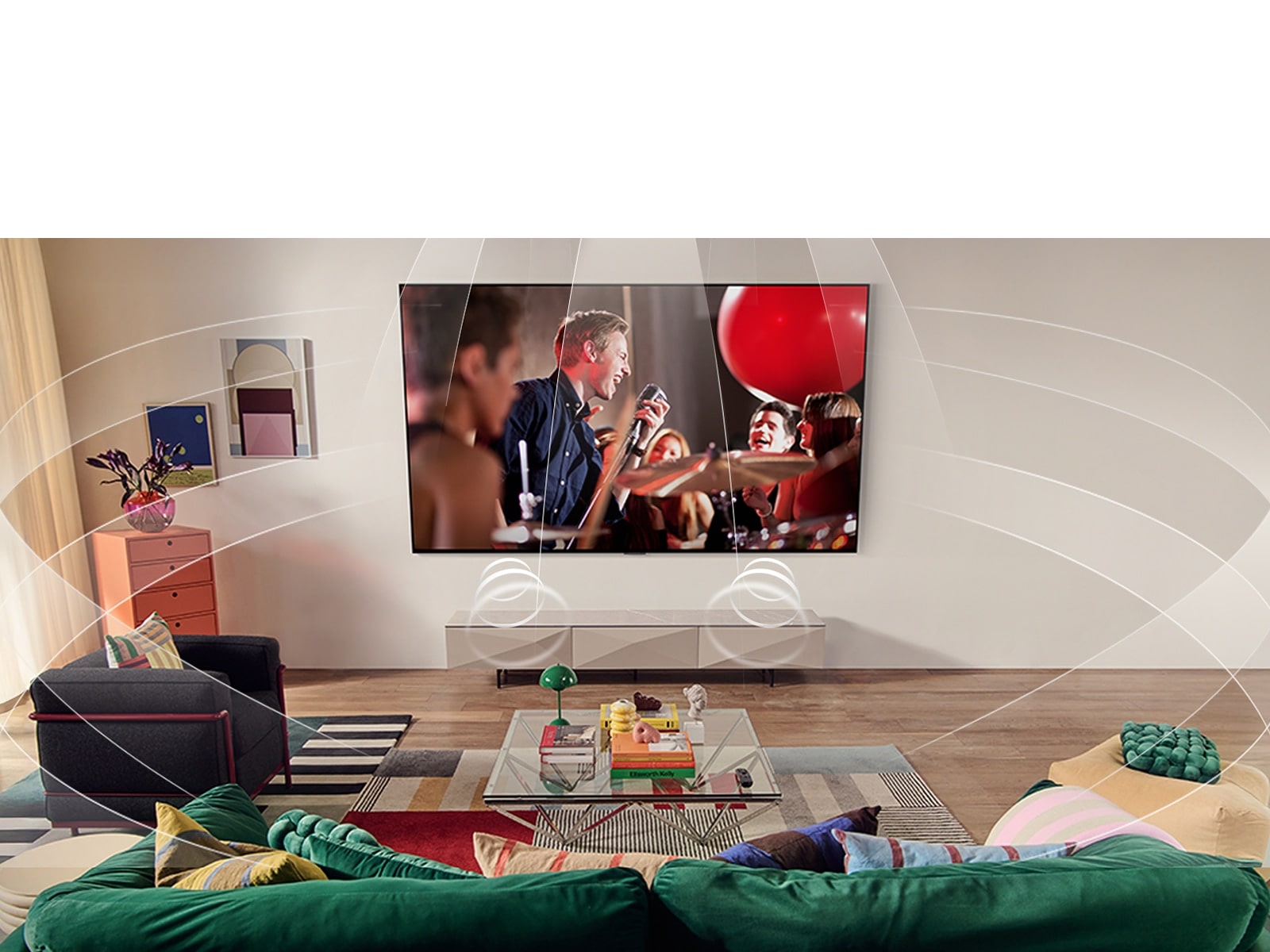 Living room with a wall-mounted LG TV. Sound waves are graphically represented to fill the space showing how virtual 9.1.2 channels create a surround sound experience for the user. 