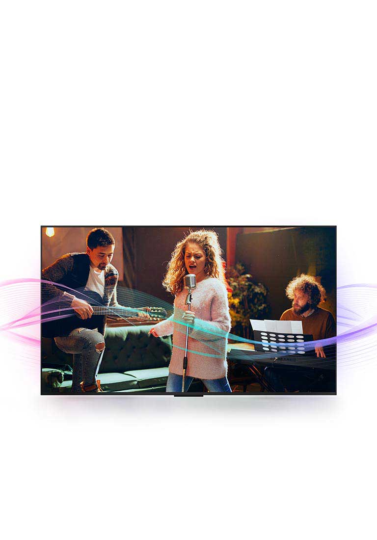 A man playing guitar, a woman singing into a mic, and a man playing the piano are pictured. Soundwaves which are coming from them are seen to show sound emission and how sound quality is enhanced with Al Clear Sound.