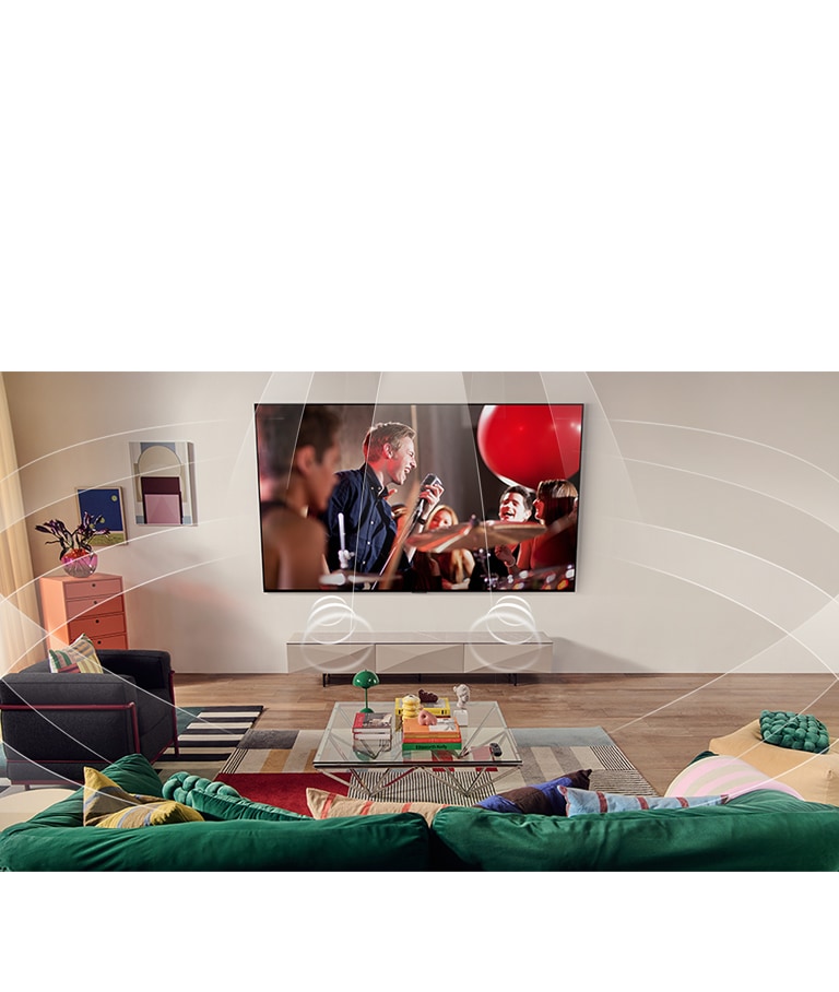 Living room with a wall-mounted LG TV. Sound waves are graphically represented to fill the space showing how virtual 9.1.2 channels create a surround sound experience for the user. 