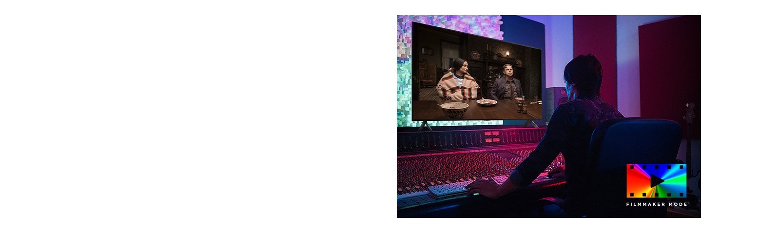 A director in front of a control panel editing the movie "Killers of the Flower Moon" on an LG QNED TV. In the bottom left, the Dolby Vision logo and FILMMAKER MODE™ logo.