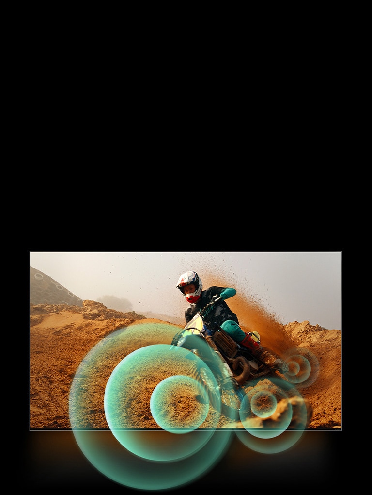 A man riding a motorbike on a dirt track with bright circle graphics around the motorbike.