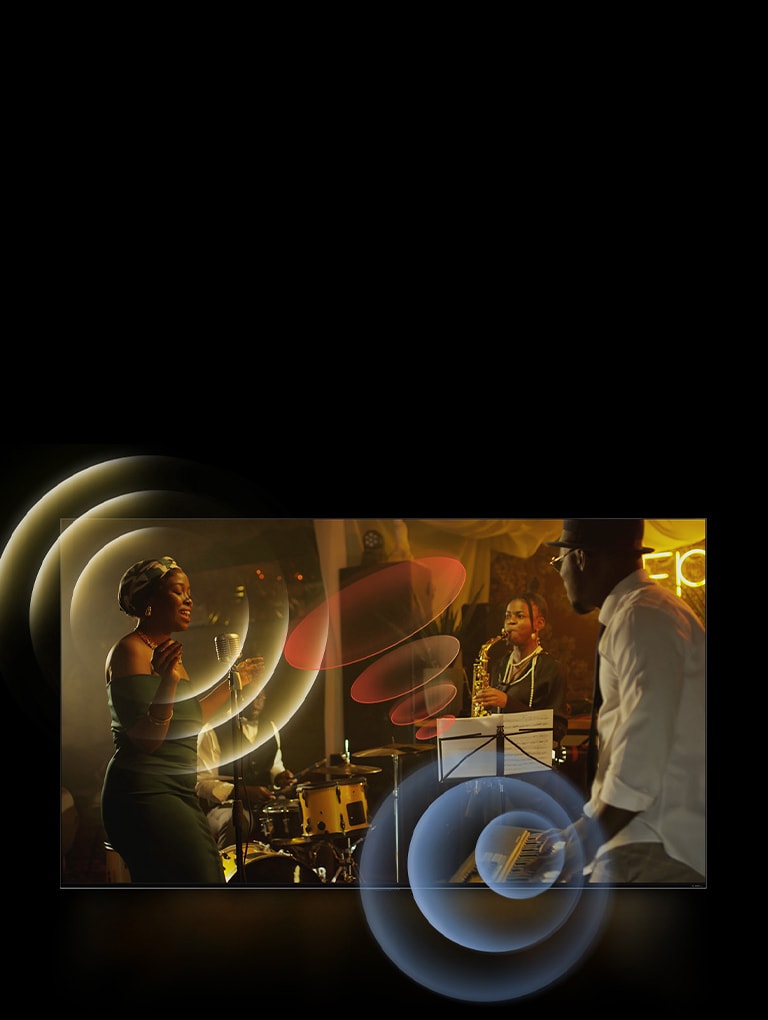 LG TV showing musicians performing, with bright circle graphics around the space.