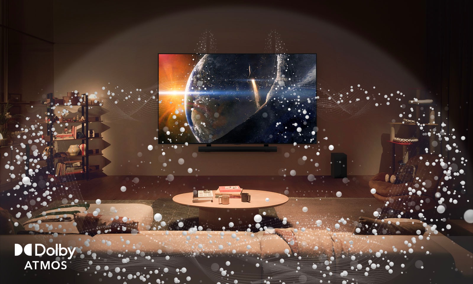 A living room facing front. An opaque, white dome across the room and bright circle graphics surround the room. Dolby Atoms logo in the bottom left corner.