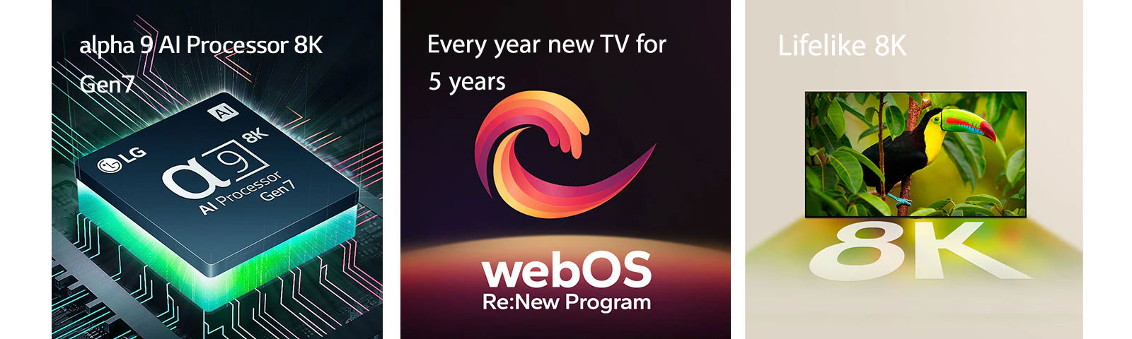 The alpha 9 AI Processor 8K Gen7 is shown with green light emanating from underneath. A red, yellow and purple spiral shape is shown between the words "Upgradeable webOS" and "webOS Re:New Program". LG QNED89, QNED90 and QNED99 TVs are shown in order from left to right. Each TV shows a colorful splash and the words "Ultra Big TV" are shown above the TVs.