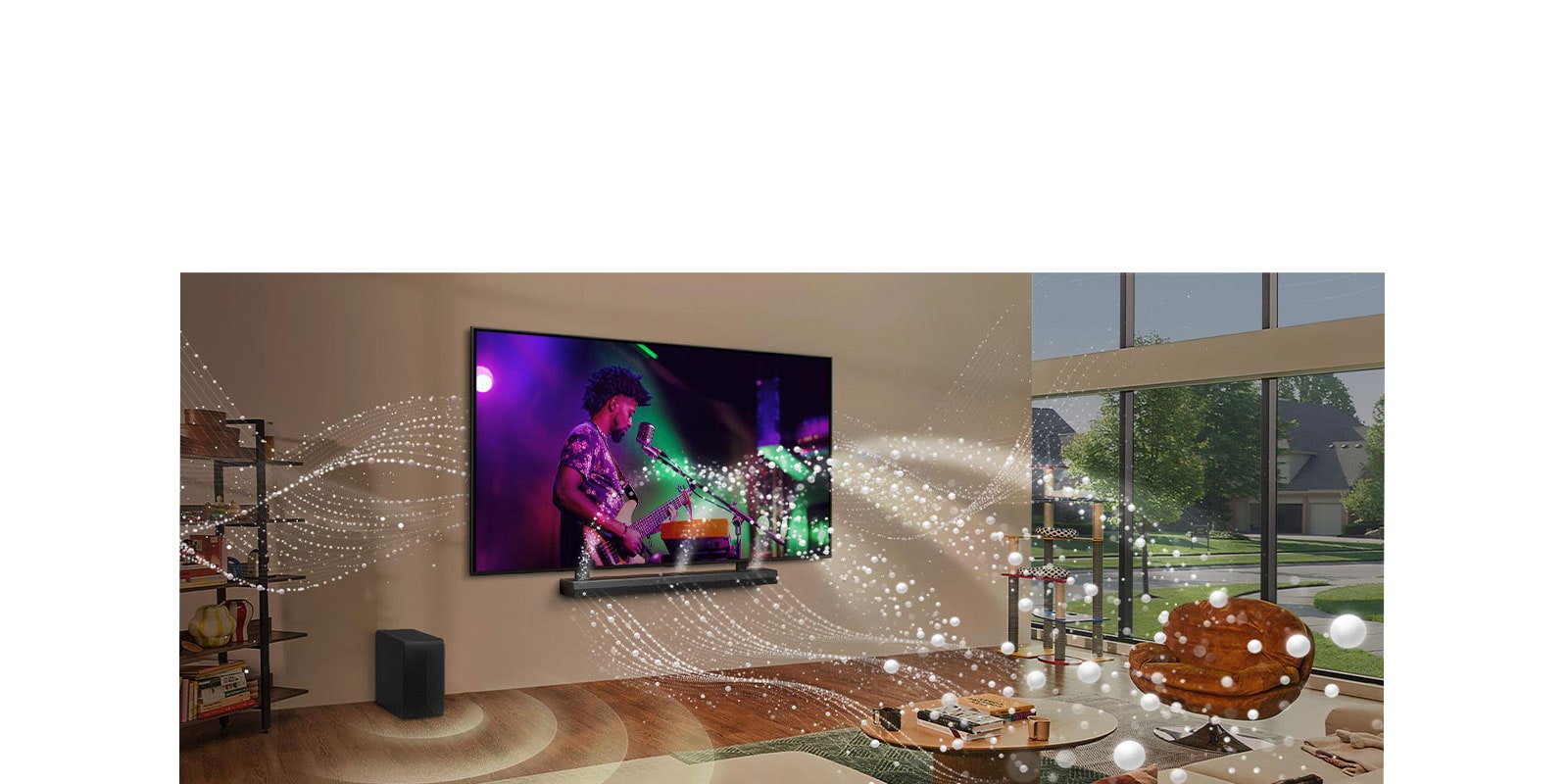 LG TV and LG soundbar mounted on the wall in a living room and  bright shape graphics all around the room.	