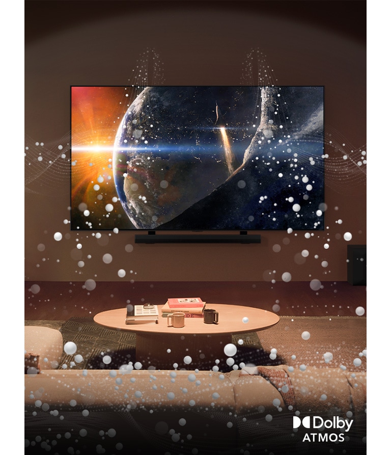 A living room facing front. An opaque, white dome across the room and bright circle graphics surround the room. Dolby Atoms logo in the bottom left corner.	