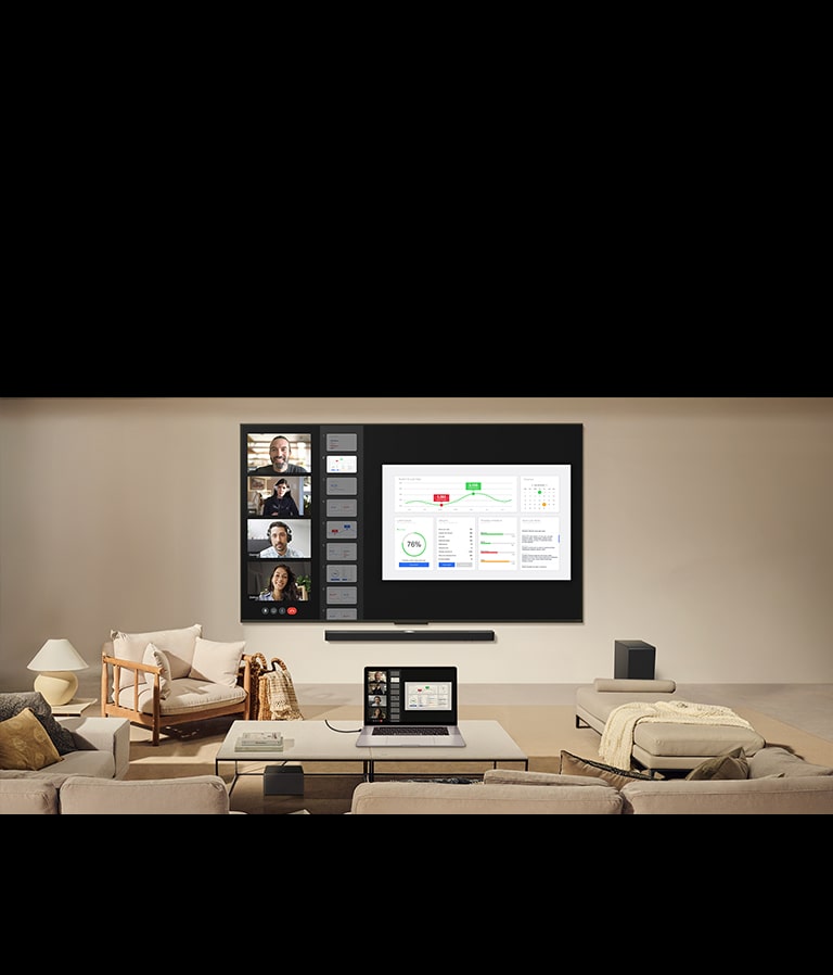 LG TV mounted on a wall above a LG Soundbar. Zero Connect Box placed under a coffee table.