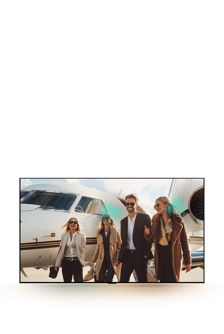 A group of people walking on an airport runway. Behind them is a plane. It looks like the group just got off the plane and its engines are still running. Abstract sound waves are coming from some of the people as they're talking, representing how despite the loud background noise, voices can easily be heard and understood with Al Voice Remastering.