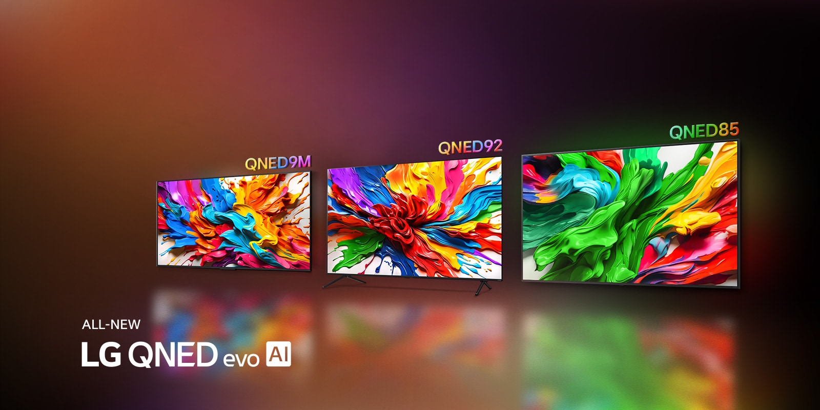 LG QNED92 and LG QNED85 TVs are side by side. Colorful artwork that highlights the new vivid and vibrant color reproduction technology of LG QNED are on their screens. ALL NEW LG QNED evo AI logo is also present.