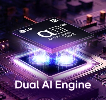 LG Micro RGB evo AI MRGB95 features the new alpha 11 AI Processor 4K Gen3, which glows in purple light on a dark circuit board, highlighting the Dual AI Engine. 