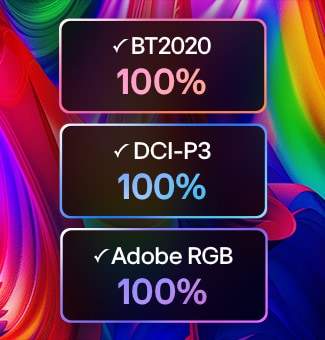 LG Micro RGB evo AI MRGB95 with certified triple 100% color coverage fills the screen with rich, flowing gradients of red, green and blue, delivering 100% coverage of BT2020, DCI-P3, and Adobe RGB. 
