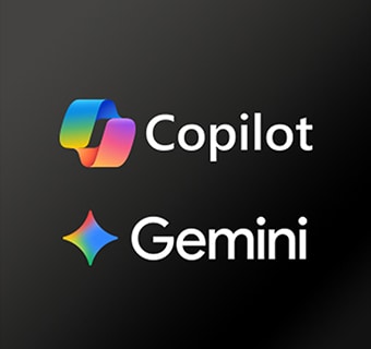 LG Micro RGB evo AI MRGB95 with Award-winning Multi AI webOS is presented on a dark background featuring Microsoft Copilot and Google Gemini logos, indicating support for AI-related services accessible through the TV interface. 