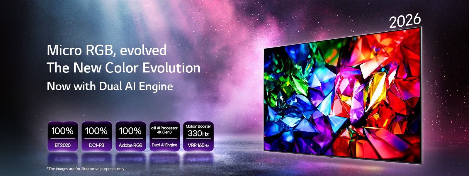 LG Micro RGB evo AI MRGB95, the new color evolution displays a vivid crystalline color image with sharp facets of red, green and blue. Featured by 100% color coverage of BT2020, DCI-P3 and Adobe RGB, alpha 11 AI Processor 4K Gen3 Dual Engine and Motion Booster 330Hz with VRR 165Hz. 