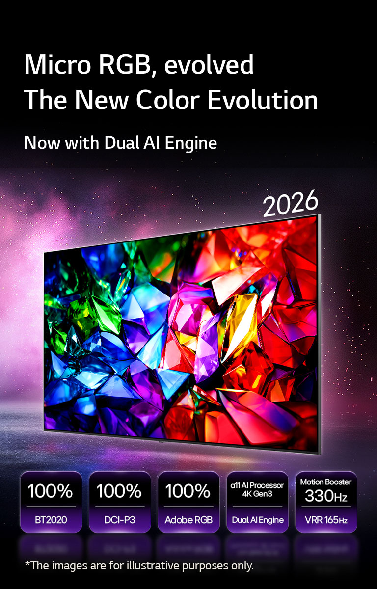 LG Micro RGB evo AI MRGB95, the new color evolution displays a vivid crystalline color image with sharp facets of red, green and blue. Featured by 100% color coverage of BT2020, DCI-P3 and Adobe RGB, alpha 11 AI Processor 4K Gen3 Dual Engine and Motion Booster 330Hz with VRR 165Hz. 
