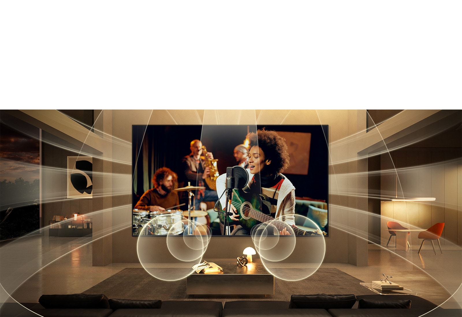 LG Micro RGB evo AI MRGB95 with Virtual 11.1.2 Ch fills a living room as a live music performance plays on screen, delivering multi-directional audio that surrounds the room and heightens immersion throughout the space. 