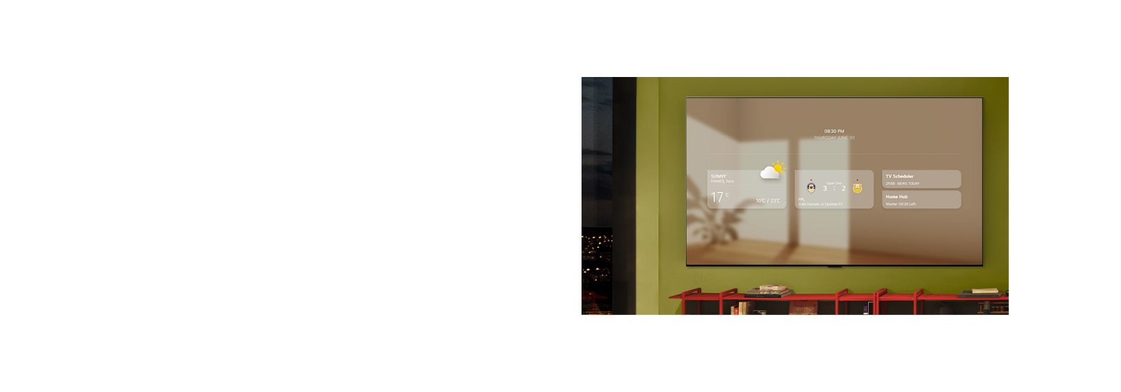 LG Micro RGB evo AI MRGB95 is wall-mounted on a green wall above a red console, displaying an information board including weather, sports scores, TV Scheduler, and Home Hub. 