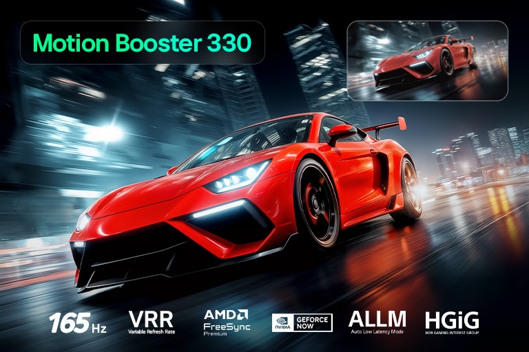 LG Micro RGB evo AI MRGB95 with Ultimate Gameplay shows a vibrant, high-speed racing scene with a blurred comparison inset highlighting Motion Booster 330, while supporting 165 Hz, VRR, AMD FreeSync, ALLM, HGiG, and GeForce NOW. 