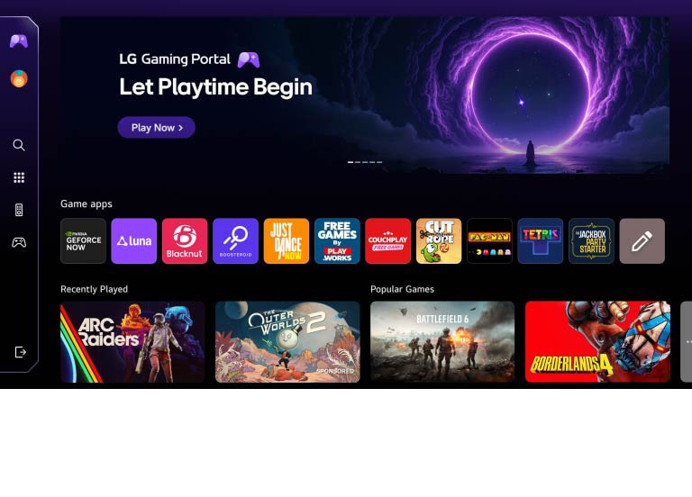 LG Micro RGB evo AI MRGB95 displays the LG Gaming Portal on the webOS screen, showing a gaming hub with a one-step interface that provides access to multiple game apps via cloud gaming services such as NVIDIA GeForce NOW and webOS apps. 
