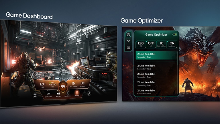 LG Micro RGB evo AI MRGB95 with Game Dashboard and Optimizer shows side-by-side game screens and an on-screen menu for adjusting gameplay settings such as refresh rate, latency, and visual modes in real time. 