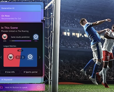 LG Micro RGB evo AI MRGB95 with TruMotion highlights motion smoothing in a split-screen soccer scene, contrasting blurred action with TruMotion Off and sharp, clear movement with TruMotion On to emphasize clarity in fast-paced sports. 