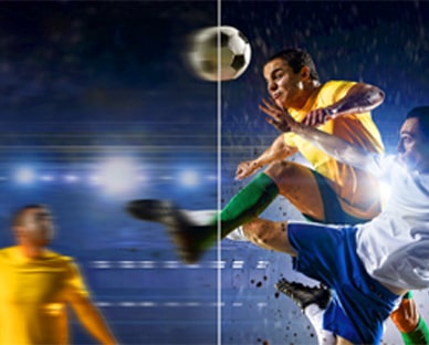 LG Micro RGB evo AI MRGB95 shows a drama scene of a person riding in a car, then a Sports Alert for a live soccer match pops up with real-time scores and, when tapped, switches straight to the live game. 