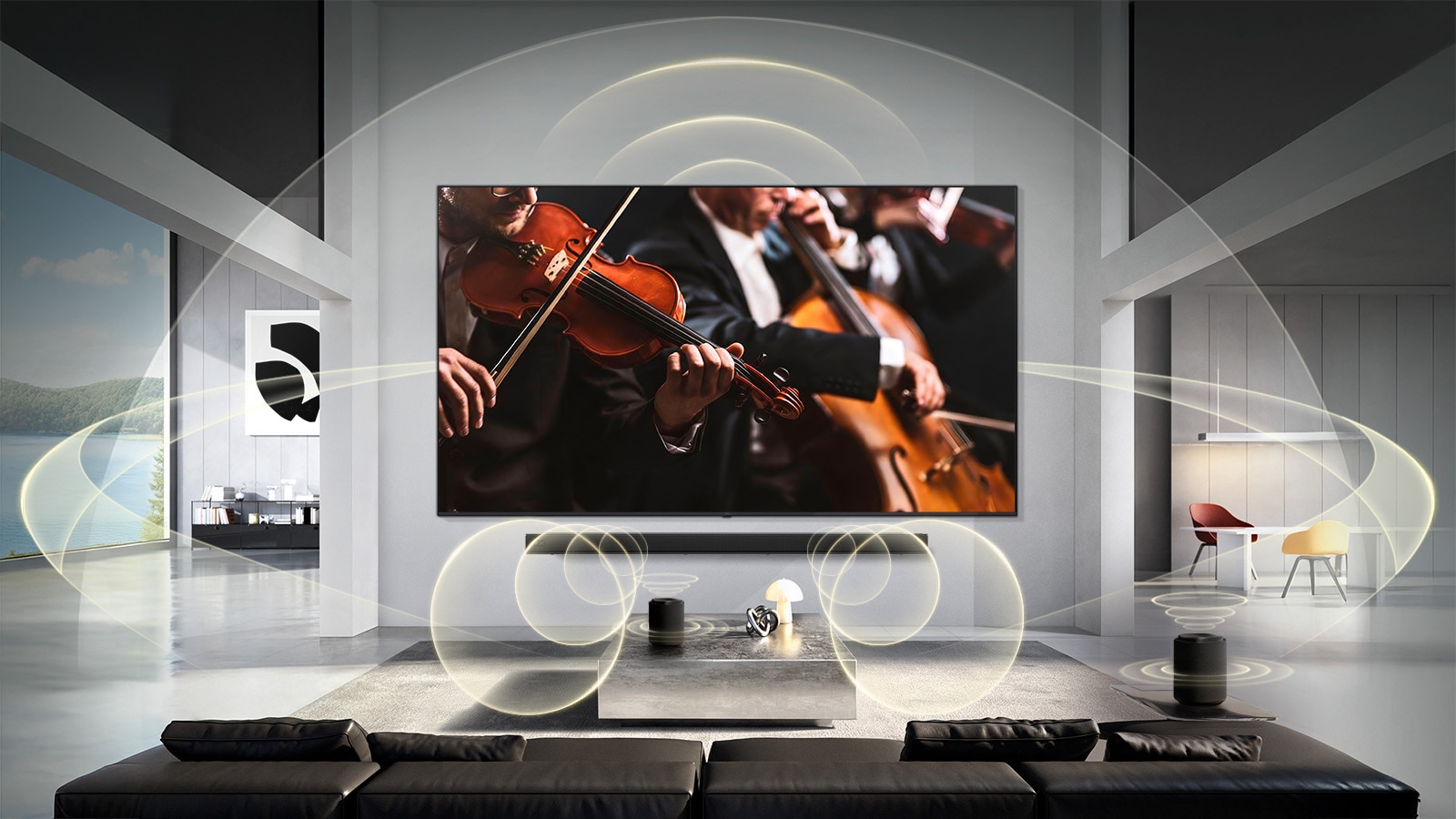 LG Micro RGB evo AI MRGB95 with WOW Orchestra displays a concert scene with a soundbar below the screen, while graphic sound waves extend across the living room to convey synchronized, surround sound. 