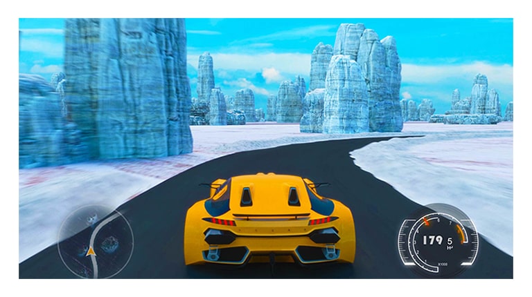 A scene showing a racing game on a TV screen (play the video).