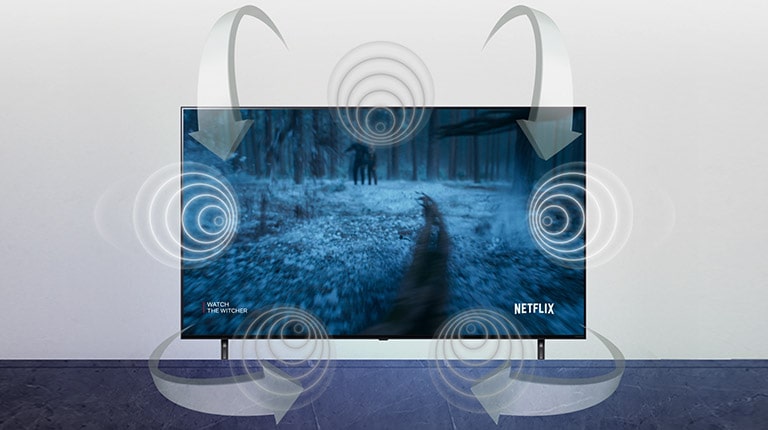 An epic battle plays out on screen. Arrows show sound flowing from the TV coming from multiple directions and sources.
