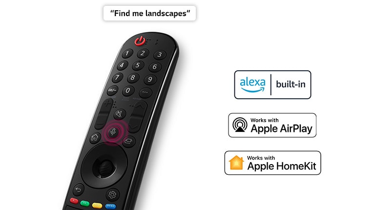 A remote control with a speech bubble reading "Find me landscapes." Logos of affiliated OTT services are pictured.