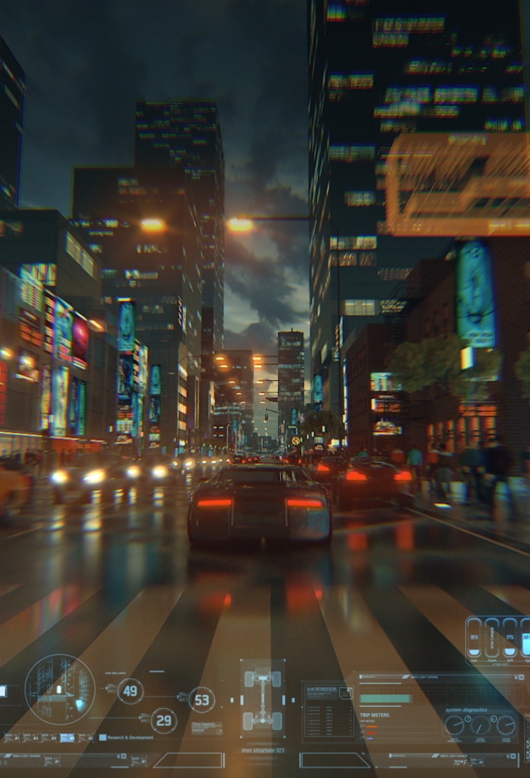 A video following a car from behind in a video game as it drives through a brightly-lit city street at dusk. 