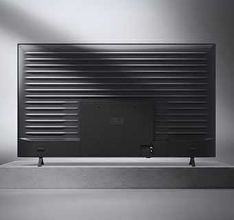 LG NANO 4K UHD AI NU85 with Linear Flow Design is presented in a multi-angle view, with a rear panel shown at the top, a wall-mounted living room scene at the bottom left, and a close-up of the ridged metal back at the bottom right.