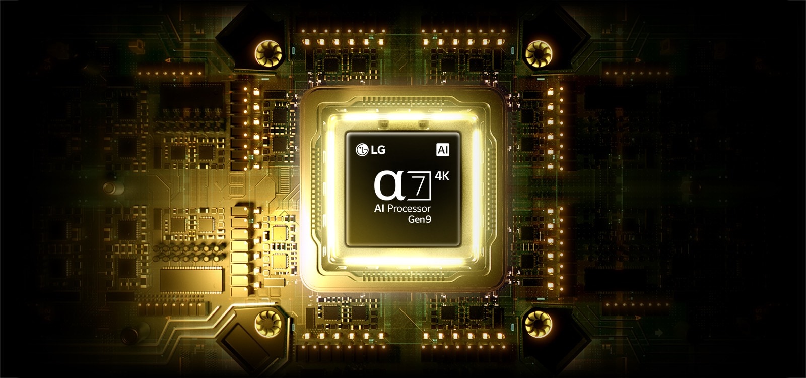 LG NANO 4K UHD AI NU85’s alpha 7 AI Processor 4K Gen9 glows at the center of a yellow circuit board, highlighting smarter, more powerful AI processing that enhances 4K image clarity with improved contrast and depth.
