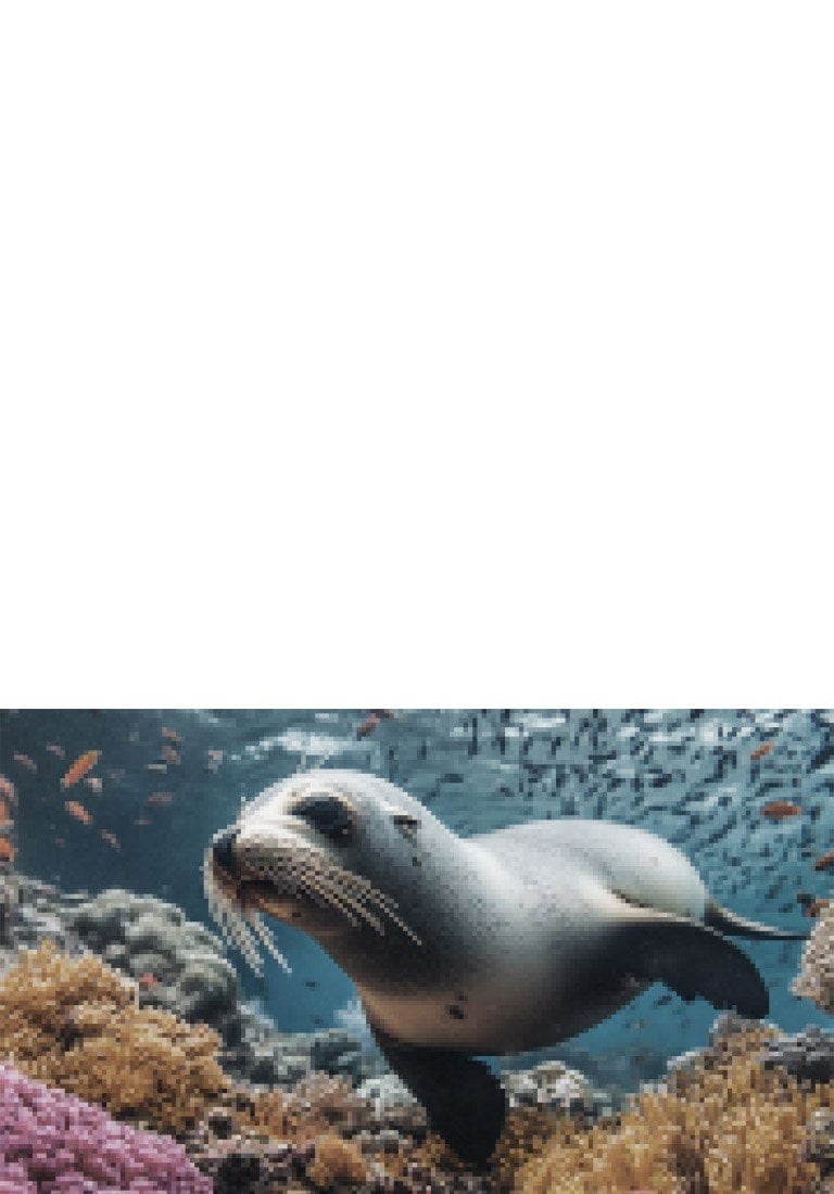 LG NANO 4K UHD AI NU85 with 4K Super Upscaling shows an underwater scene of a sea lion, as AI recognizes and upscales each frame up to 4K resolution, then zooms out to reveal a child watching up close, immersed in the vivid detail.