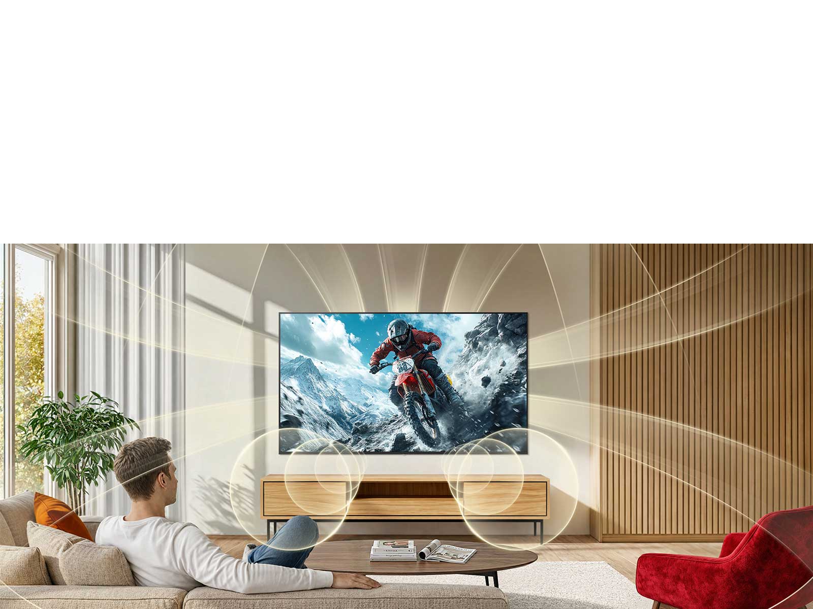 LG NANO 4K UHD AI NU85 with Virtual 9.1.2 Ch fills a room as an intense off-road motorcycle action scene plays on screen, surrounding the space with immersive, multi-directional sound.