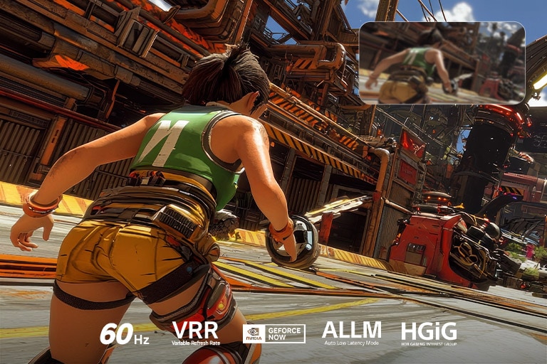 LG NANO 4K UHD AI NU85 for Ultimate Gameplay shows a fast-paced action game scene with a comparison inset highlighting smoother motion, while supporting up to 60Hz, VRR, ALLM, HGiG, and GeForce NOW.