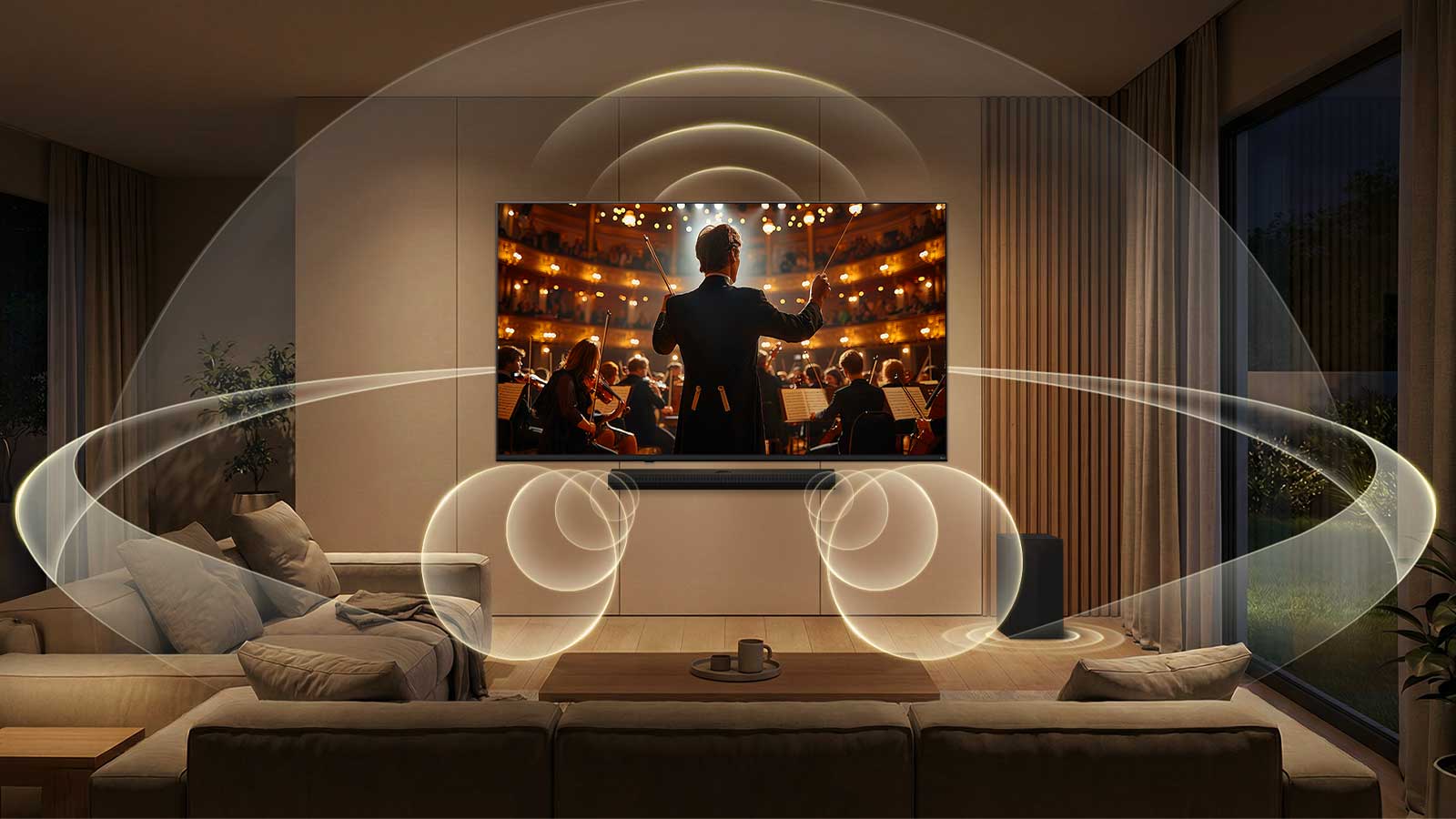 LG NANO 4K UHD AI NU85 with WOW Orchestra shows an orchestra conductor leading a performance on screen, as layered sound waves from the TV and soundbar below fill the room to create a synchronized surround sound experience.