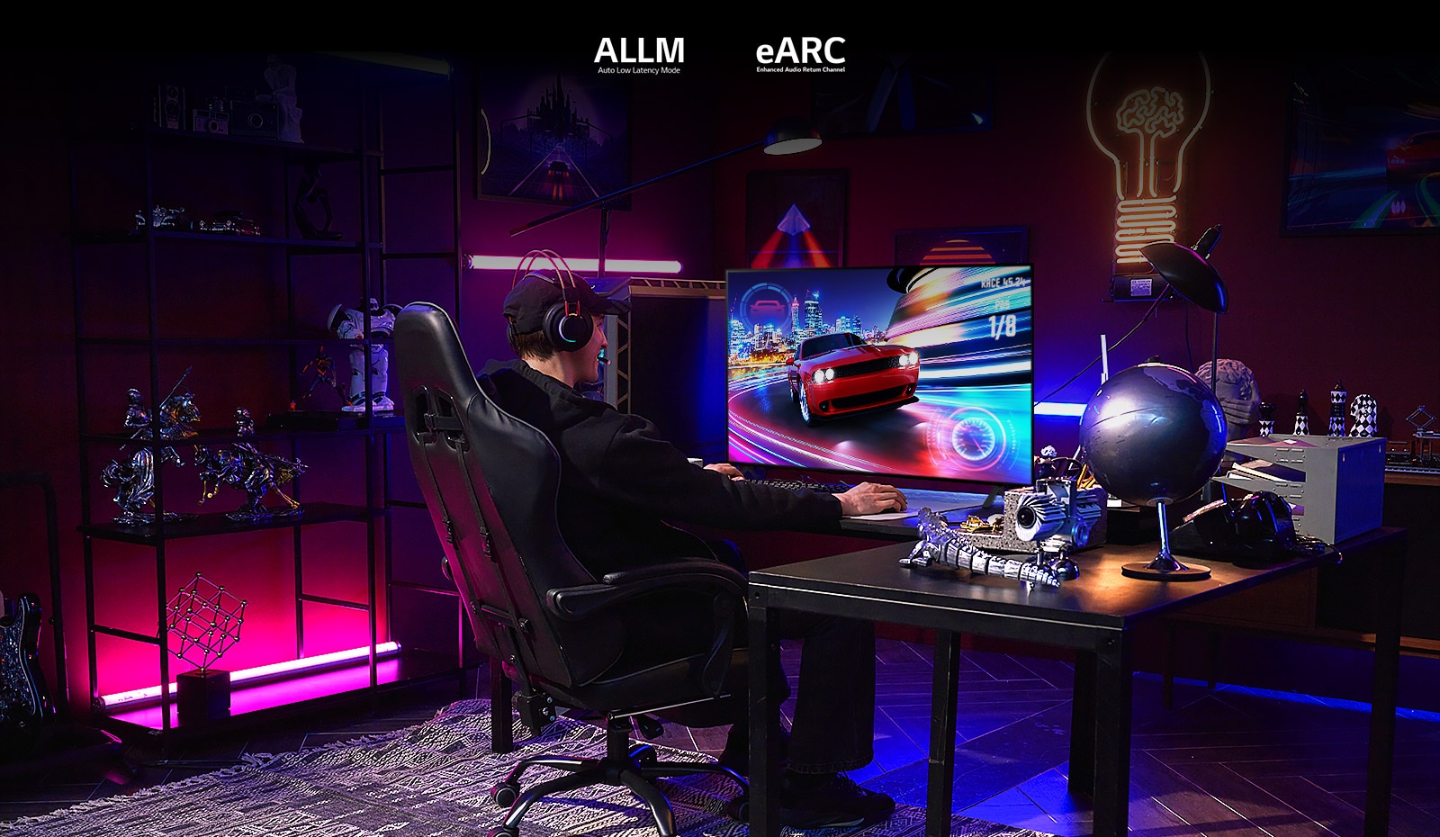 A guy plays a driving game in a game room with pink, blue, and purple RGB lighting and a collection of action figures.