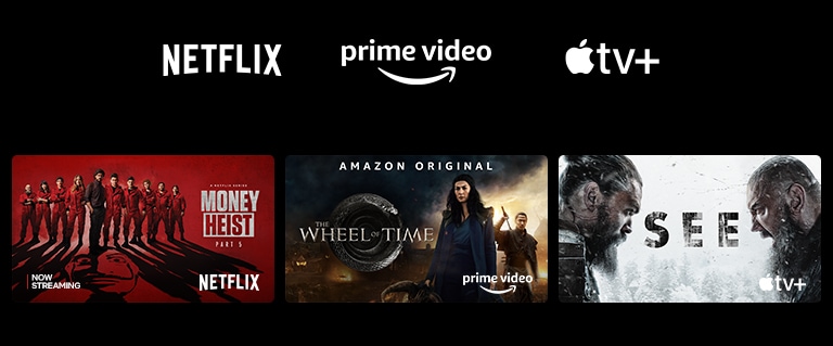 A poster of Money Heist from Netflix, The Wheel of Time from Prime Video, and See from Apple TV Plus.