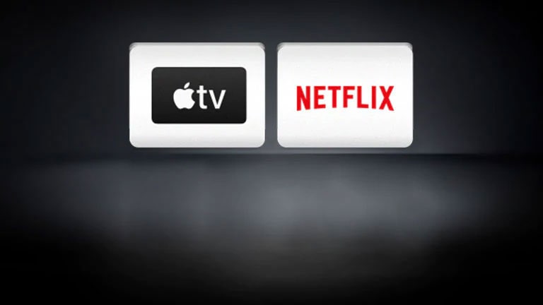 The Netflix logo, the Apple TV logo are arranged horizontally in the black background.