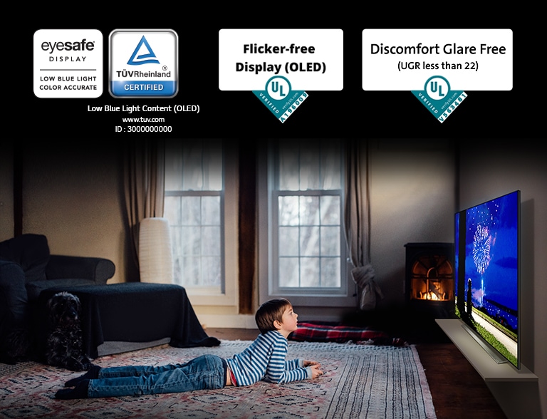 This is the card describing the "Eye Comfort Display". This is a scene of a boy watching TV in a prone position. Four logos have been placed for "Eye Comfort Display" certification.