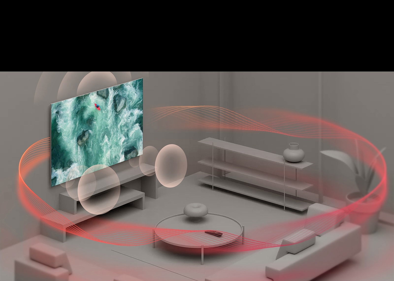 A video opens showing an aerial shot of the remote control. A blue circle appears over the sensor. The scene pans out to show the remote control on a coffee table in a gray room. Blue soundwaves emit from the TV, and an image fills the screen showing a person kayaking over choppy waves. The blue sound waves reach the remote control, and waves depicting sound bounce from the wall, and then a blanket of sound covers the room.
