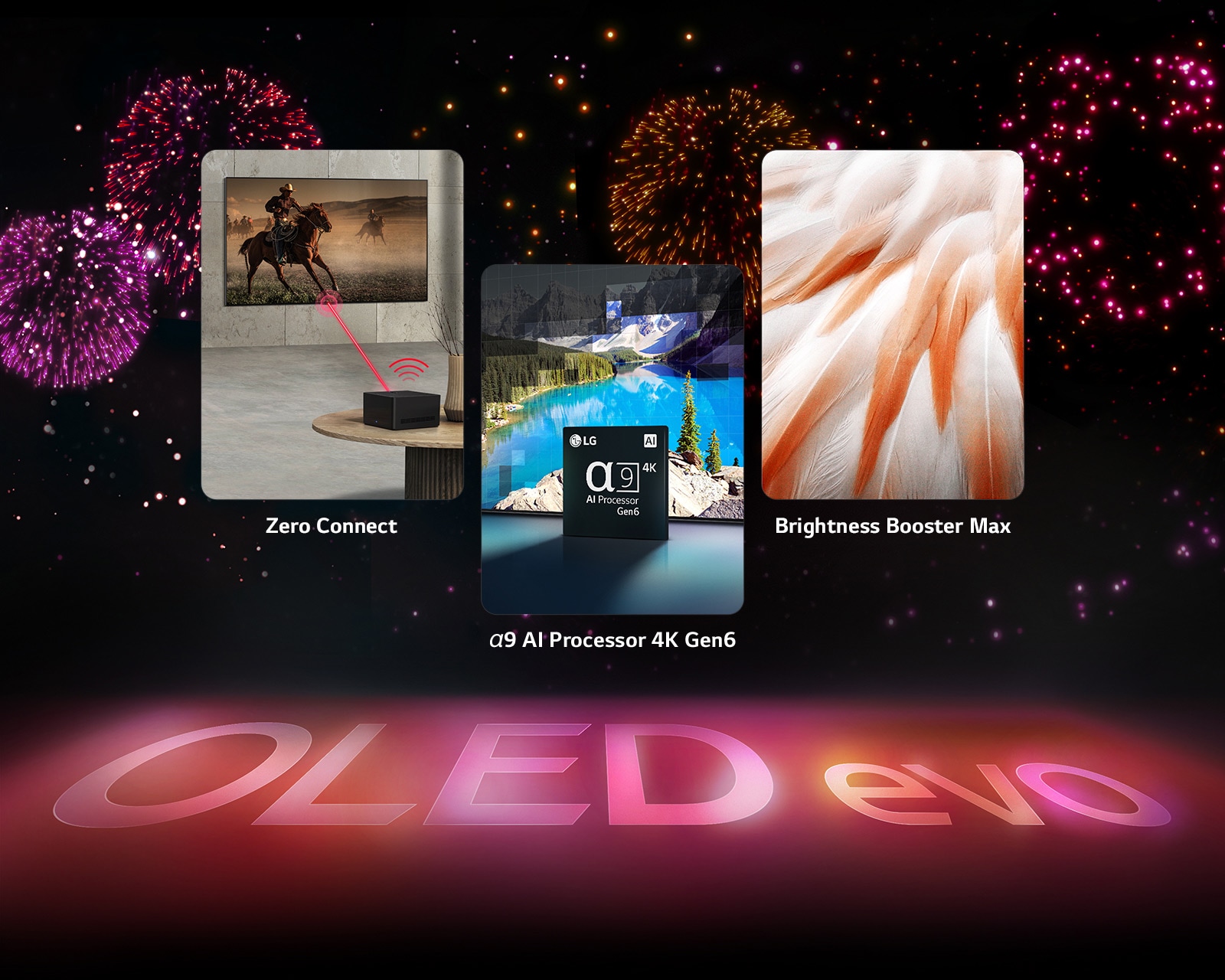 An image presenting the key features of the LG OLED evo M3 against a black background with a pink and purple firework display. The pink reflection from the firework display on the ground shows the words "OLED evo." Within the picture, an image depicting Zero Connect shows OLED M3 on the wall of a gray room with the Zero Connect Box wirelessly transmitting the picture. An image depicting the α9 AI Processor 4K Gen6 shows the chip standing before a picture of a lake scene being remastered with the processing technology. An image presenting Brightness Booster Max shows a tiger with deep contrast and bright whites. 