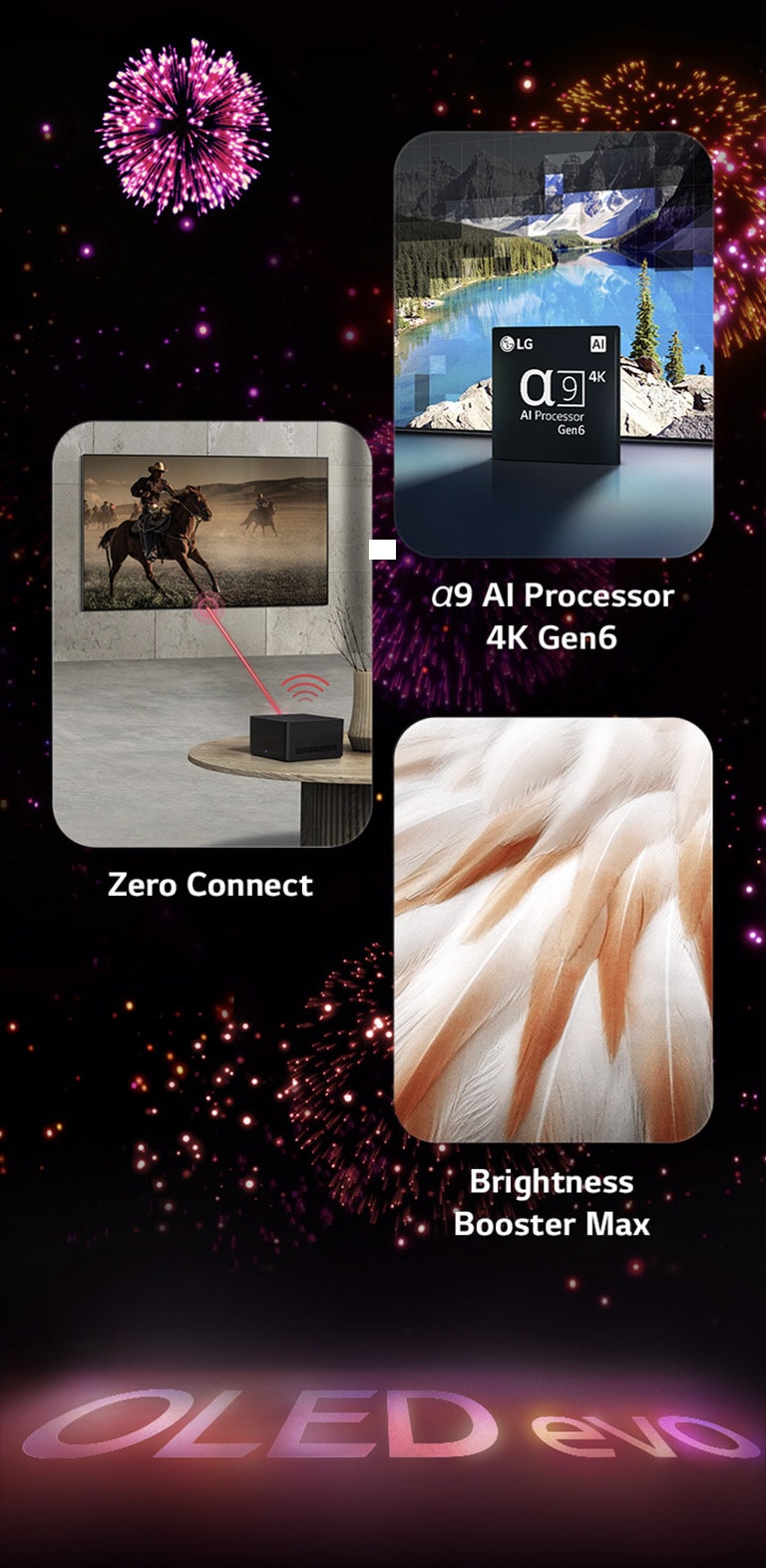 An image presenting the key features of the LG OLED evo M3 against a black background with a pink and purple firework display. The pink reflection from the firework display on the ground shows the words "OLED evo." Within the picture, an image depicting Zero Connect shows OLED M3 on the wall of a gray room with the Zero Connect Box wirelessly transmitting the picture. An image depicting the α9 AI Processor 4K Gen6 shows the chip standing before a picture of a lake scene being remastered with the processing technology. An image presenting Brightness Booster Max shows a tiger with deep contrast and bright whites. 