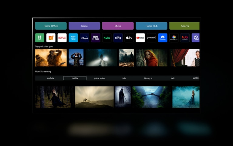 A clip from a Sci-Fi movie resizes to become an image on the screen of the webOS 23 new Home UX. After scrolling down, the home screen shows personalized recommendations and trending content. 