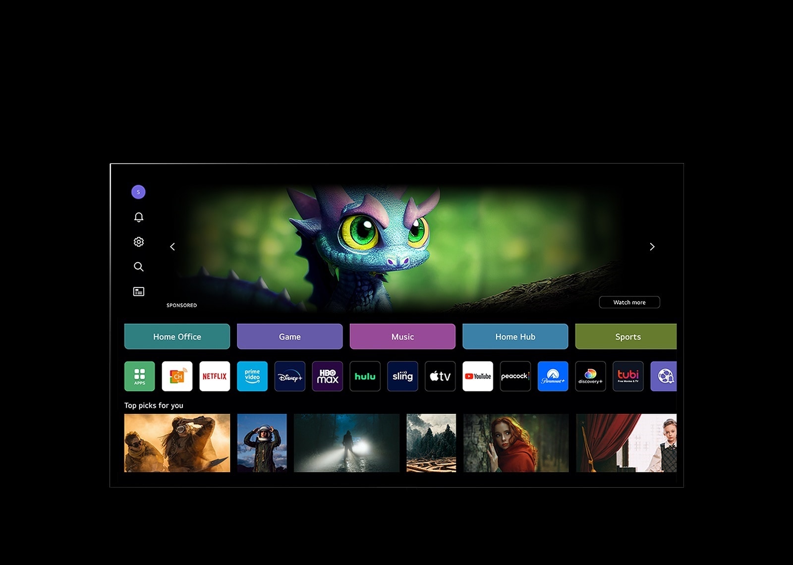 "A video showing WebOS's home screen. A cursor clicks on the initial in the top right corner and switches to another profile.  	"
