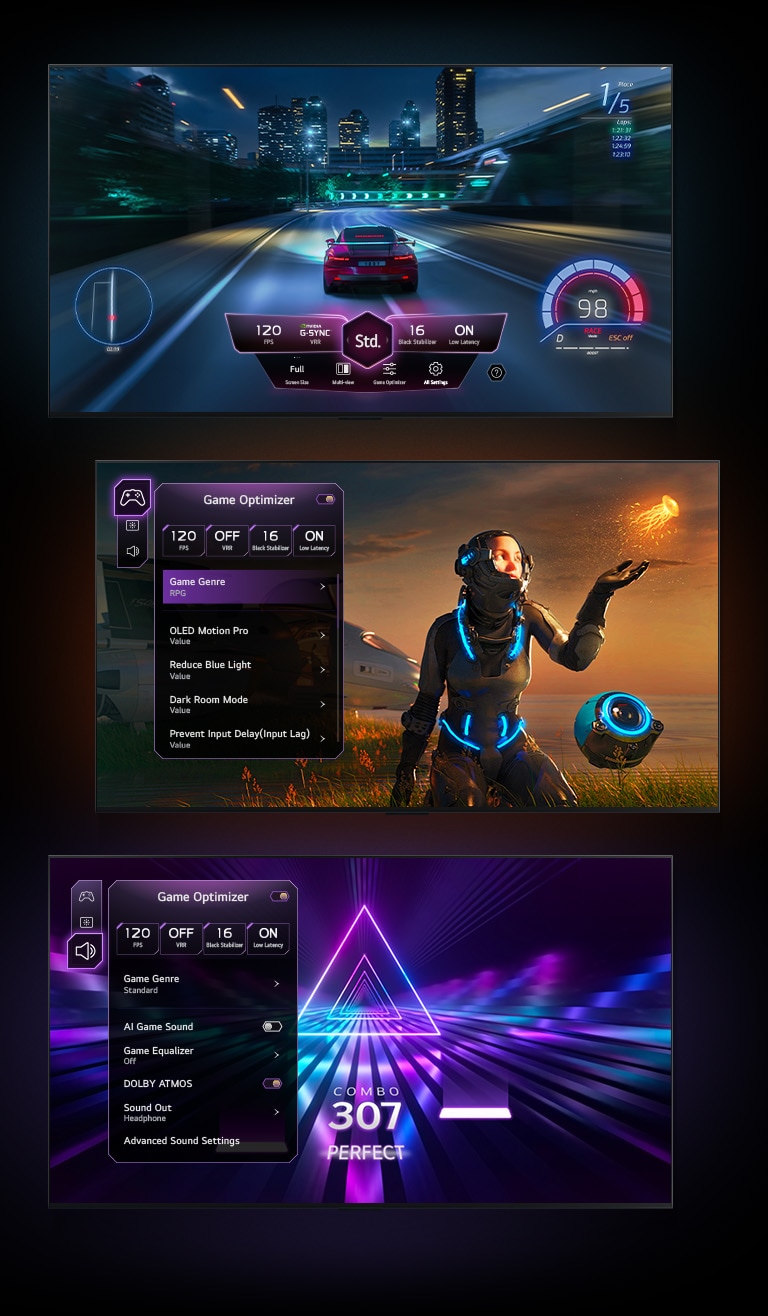 Three game screens are shown against a black gradient background. One shows a car racing game with the Game Dashboard hovering over the action. Another shows a Sci-Fi game with the Game Optimizer menu. And the last screen shows Game Optimizer's Game Tab over a music game. 