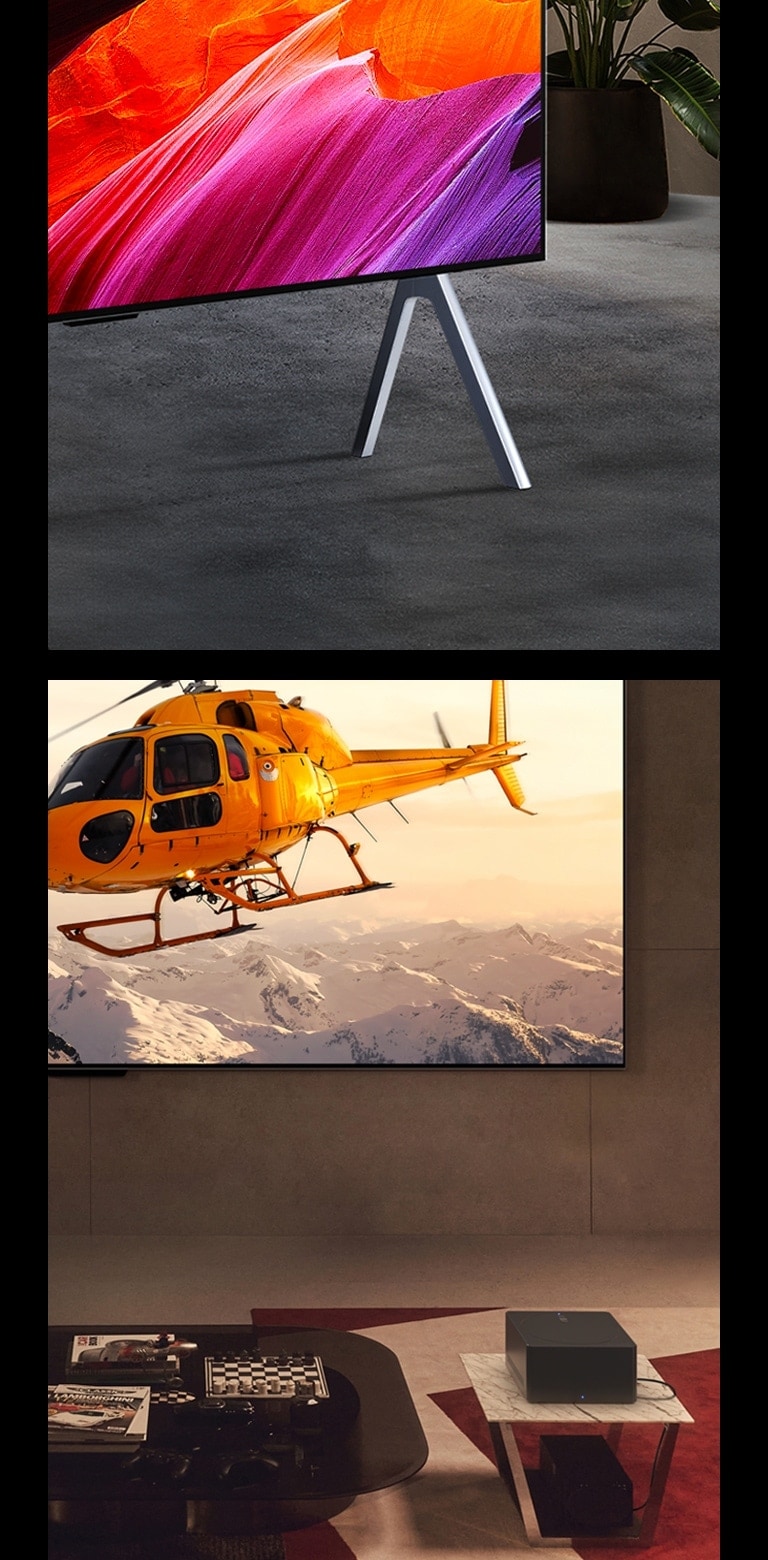 On the left, a close-up angled perspective of LG SIGNATURE OLED M4 on a stand and abstract pink and orange art on the screen. On the right, Zero Connect Box on a small table in front of LG SIGNATURE OLED M4 mounted on the wall and a bright image of an orange helicopter over snowy mountains.
