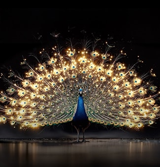 LG OLED evo AI C6 with Brightness Booster shows a dark scene where a brilliantly illuminated peacock spreads its radiant, glowing feathers, delivering brighter highlights with improved detail and striking contrast.