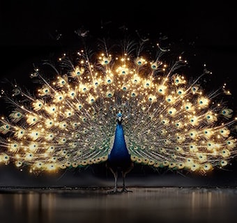 LG OLED evo AI C6 with Brightness Booster shows a dark scene where a brilliantly illuminated peacock spreads its radiant, glowing feathers, delivering brighter highlights with improved detail and striking contrast.