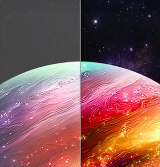 LG OLED evo AI C6, featuring Perfect Black & Perfect Color, shows a split planetary scene contrasting weaker blacks on the left with clearer detail, deeper blacks, and more vivid color expression on the right.